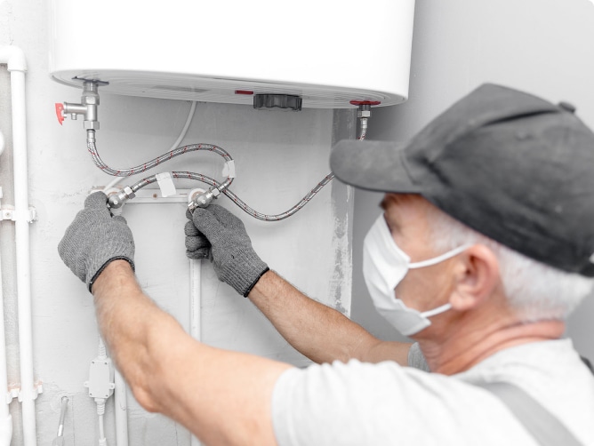 A plumber in work attire fixing a leaking pipe in a residential bathroom.
